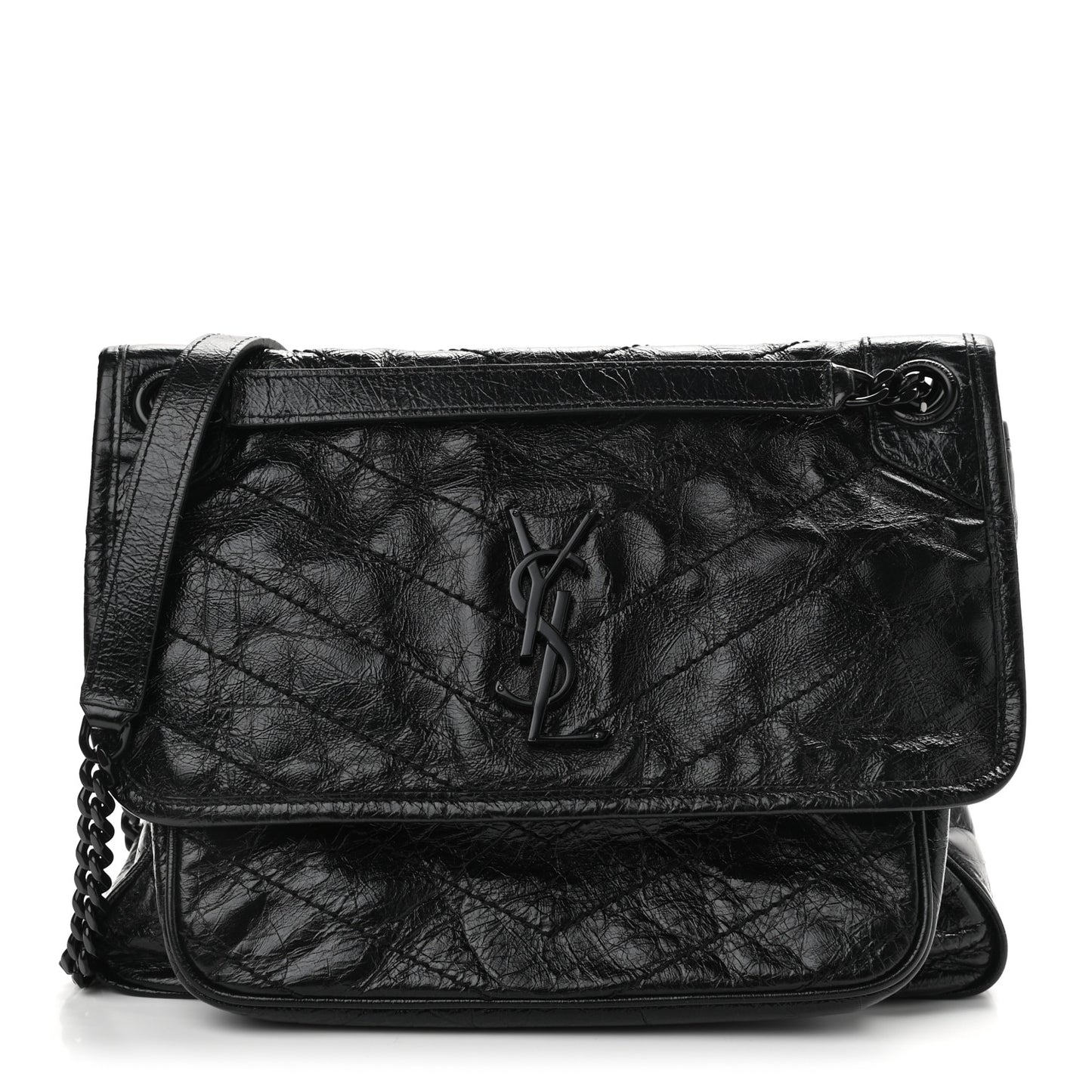 Crinkled Calfskin Matelasse Monogram Medium Niki Chain Satchel Black