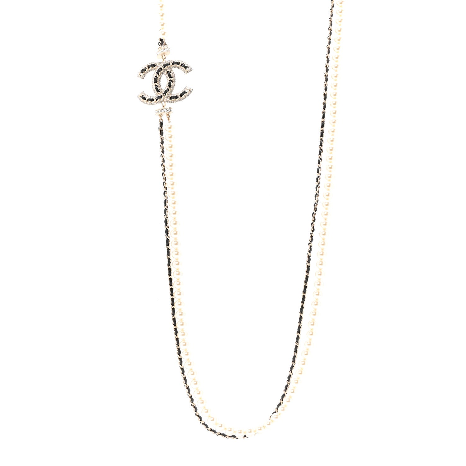Chanel Lambskin Pearl Crystal CC Multi Strand Necklace Black Gold 1 of 6