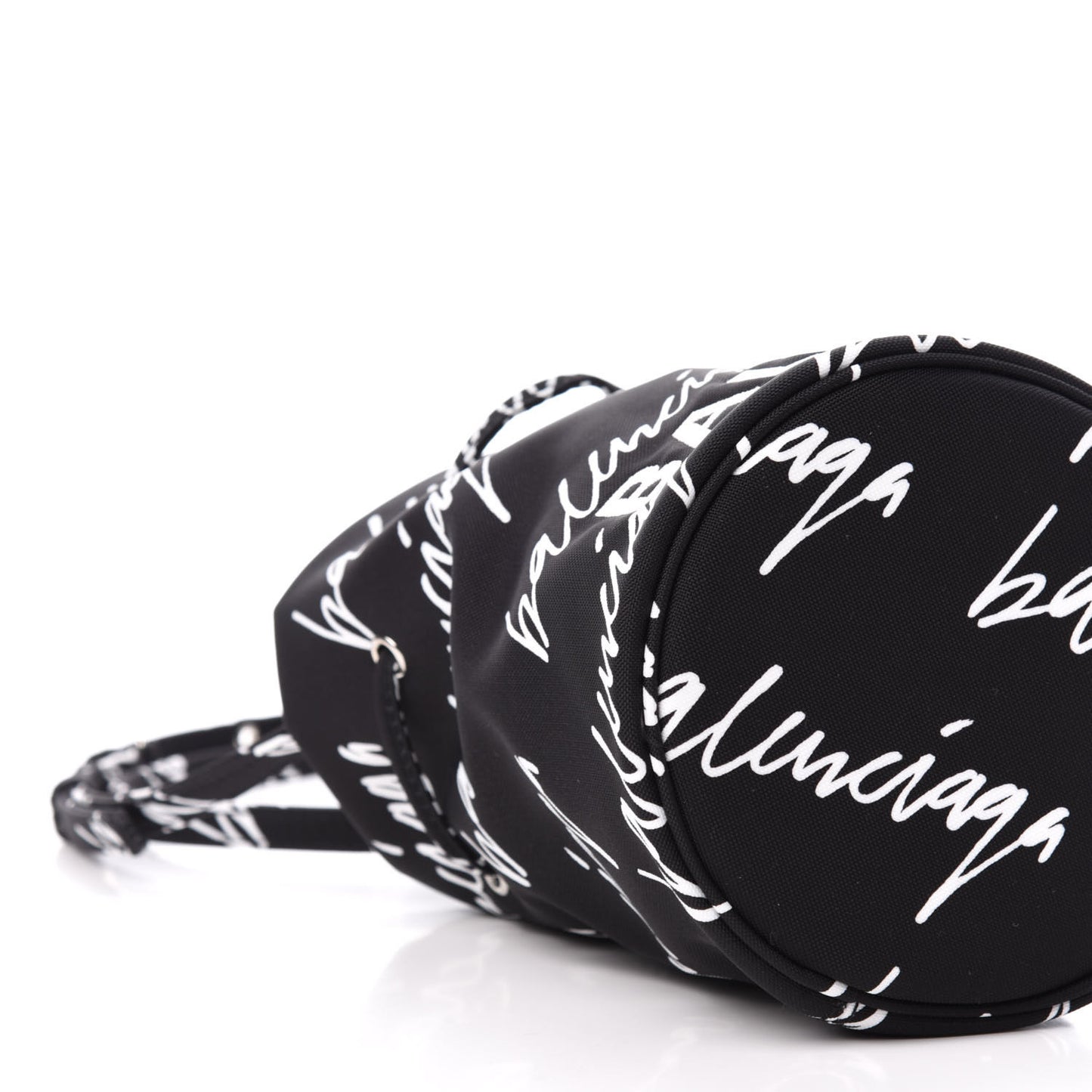 Recycled Sport Nylon Scribble Logo Embroidered Wheel Drawstring Bucket Bag XS Black White
