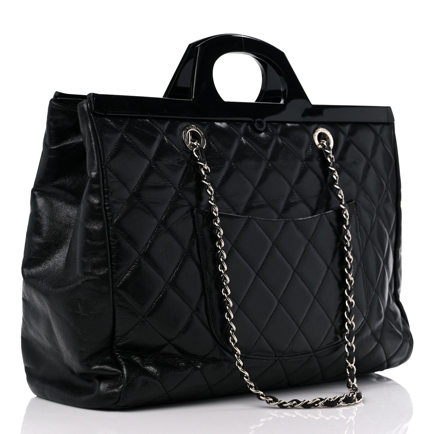 Glazed Calfskin Quilted Large CC Delivery Tote Black