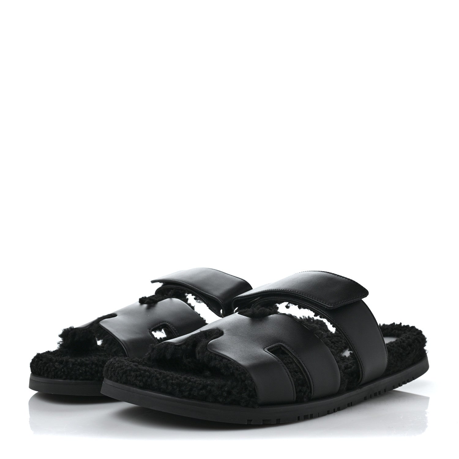 Hermes Calfskin Woolskin Mens Chypre Sandals 44.5 Black 3 of 8