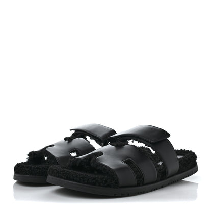 Hermes Calfskin Woolskin Mens Chypre Sandals 44.5 Black 3 of 8