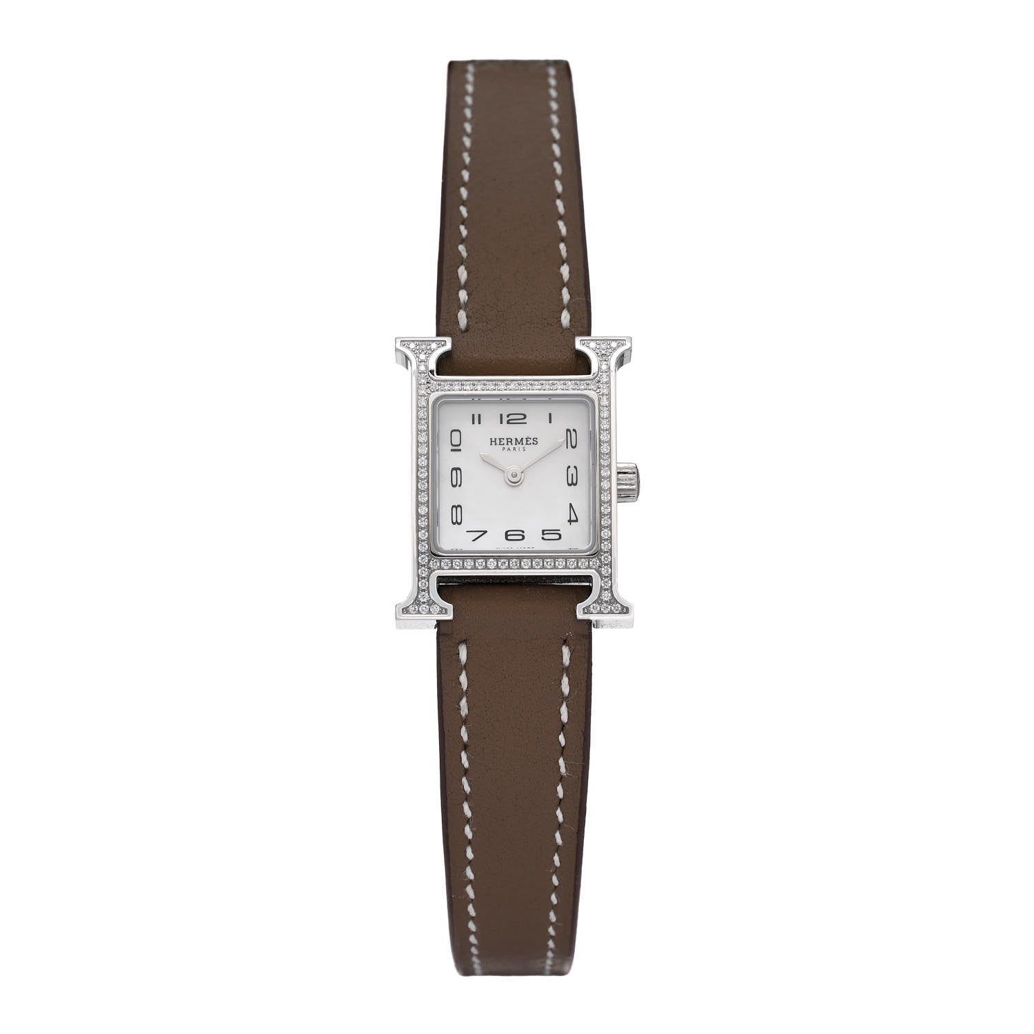 Hermes Stainless Steel Swift Diamond Bezel Mother of Pearl 17.2mm Heure H Hour Quartz Watch Etoupe 1 of 5