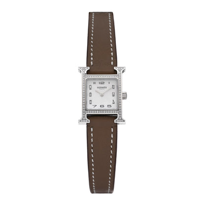 Hermes Stainless Steel Swift Diamond Bezel Mother of Pearl 17.2mm Heure H Hour Quartz Watch Etoupe 1 of 5