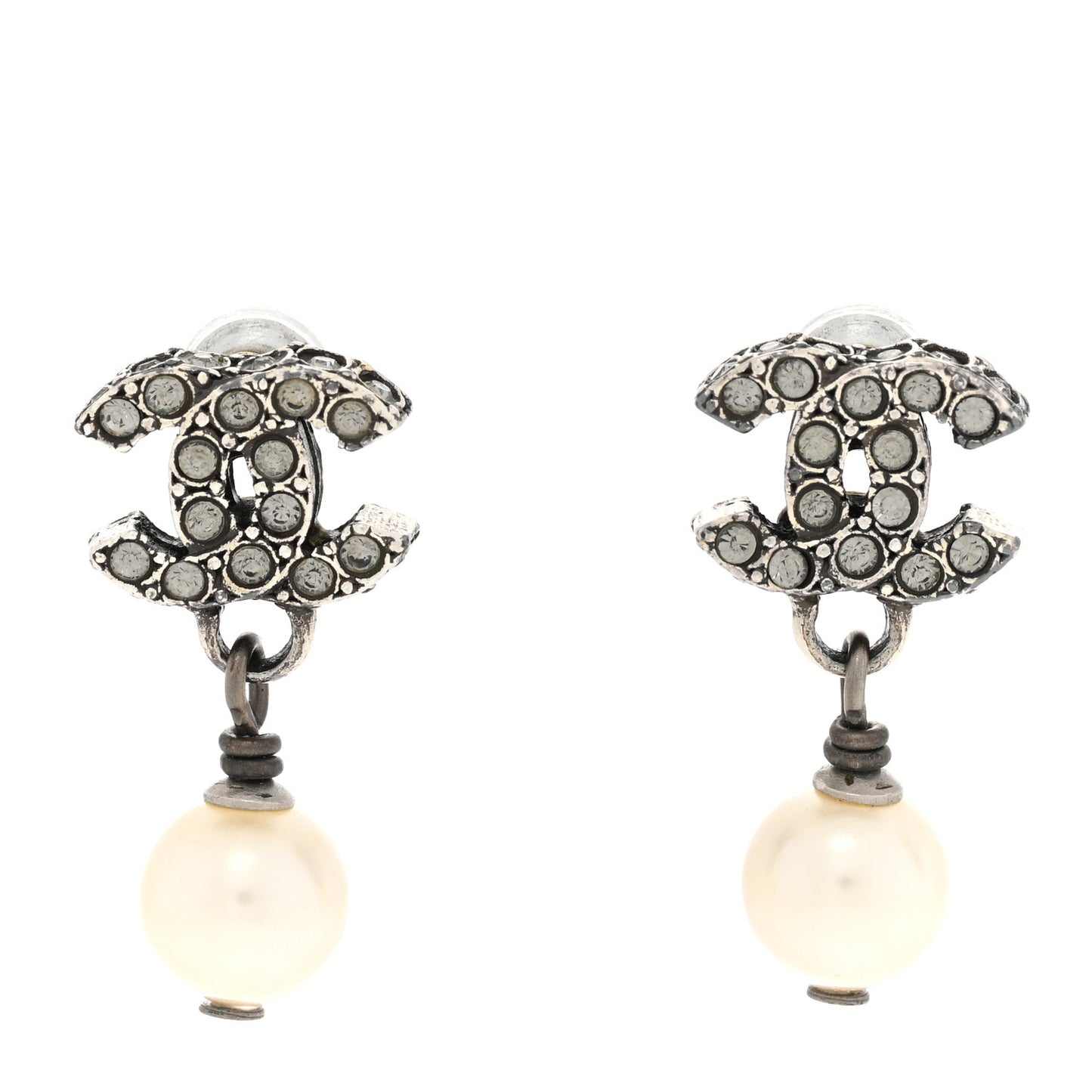 Crystal Pearl CC Drop Earrings Silver