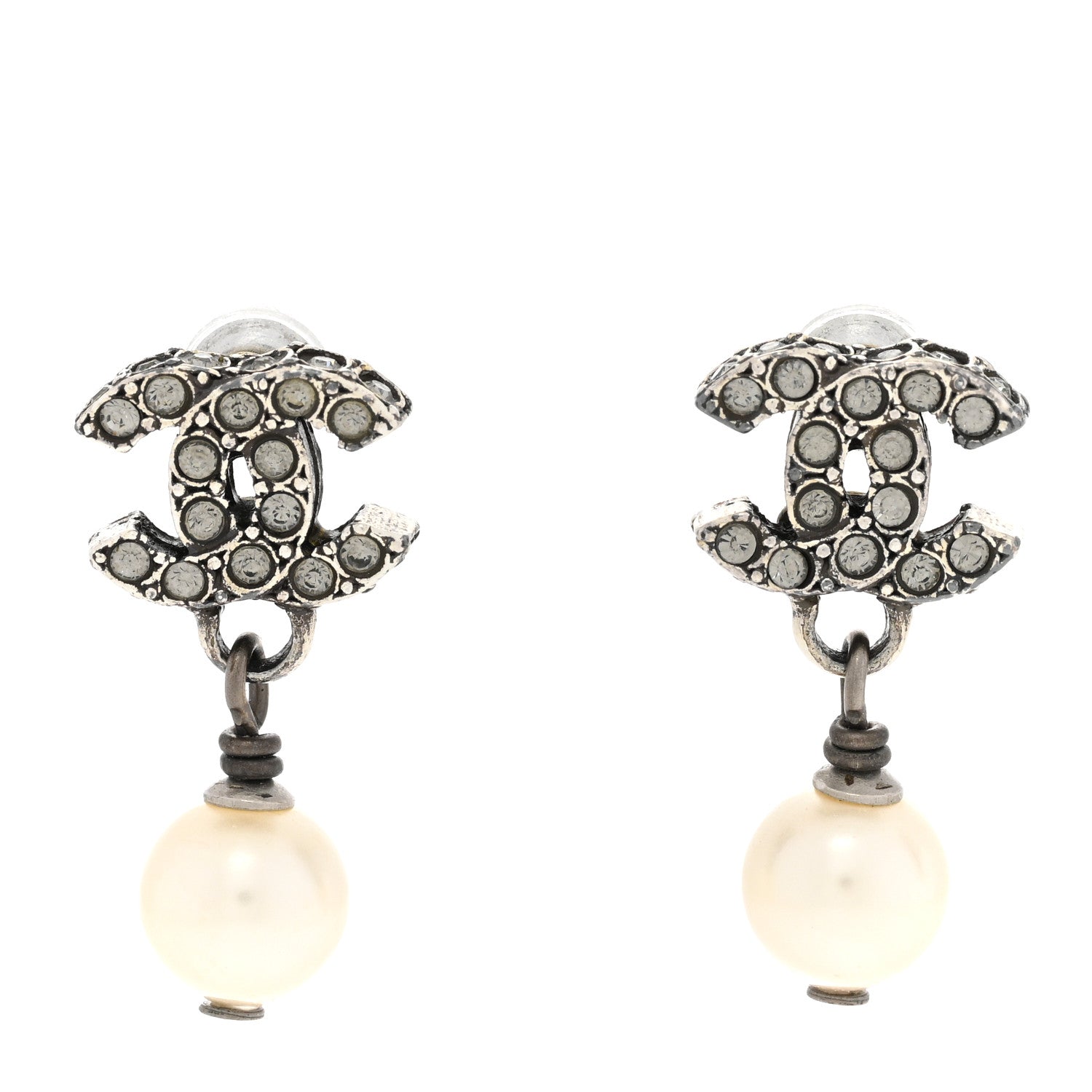 Chanel Crystal Pearl CC Drop Earrings Silver 1 of 5