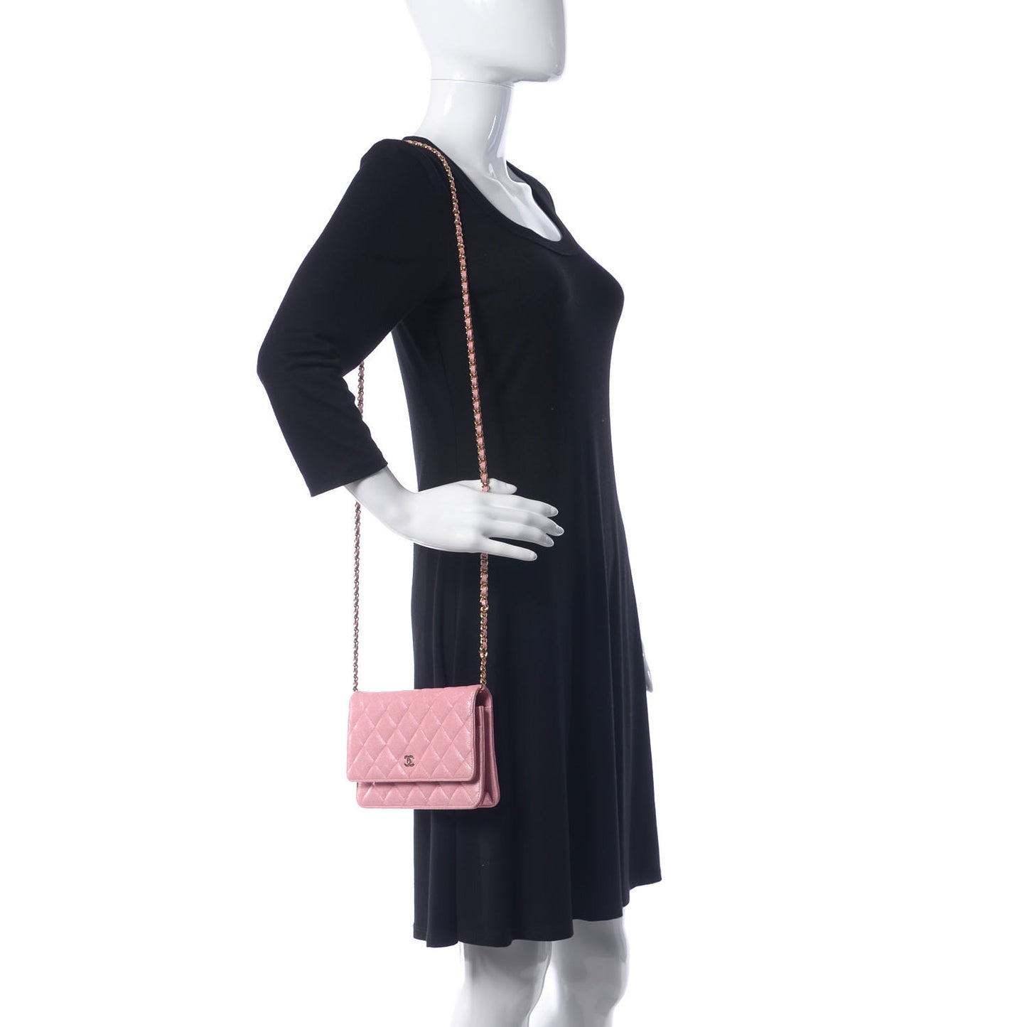 Iridescent Caviar Quilted Wallet on Chain WOC Rose Pink