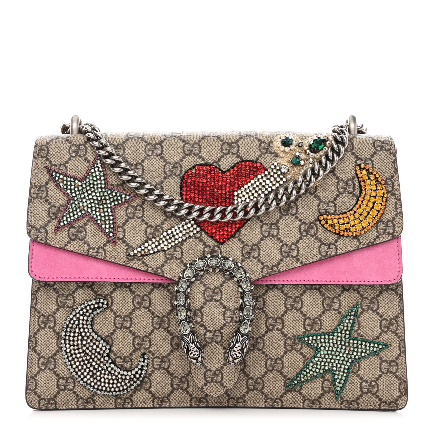 Gucci GG Supreme Monogram Suede Pierced Heart Embroidered Medium Dionysus Shoulder Bag Beige Ebony Pink Tropical Flower 1 of 12