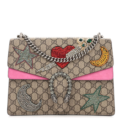 Gucci GG Supreme Monogram Suede Pierced Heart Embroidered Medium Dionysus Shoulder Bag Beige Ebony Pink Tropical Flower 1 of 12