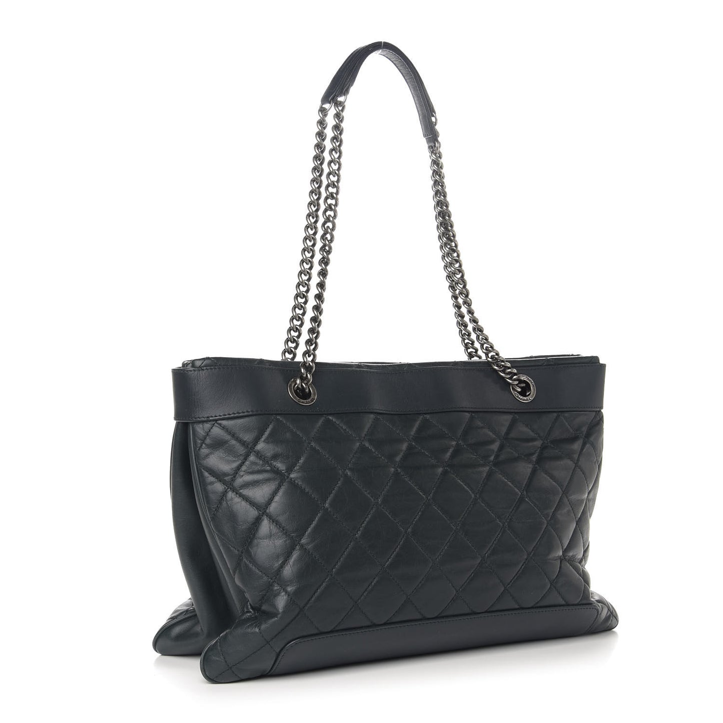 Glazed Calfskin Quilted Shopping Tote Dark Blue