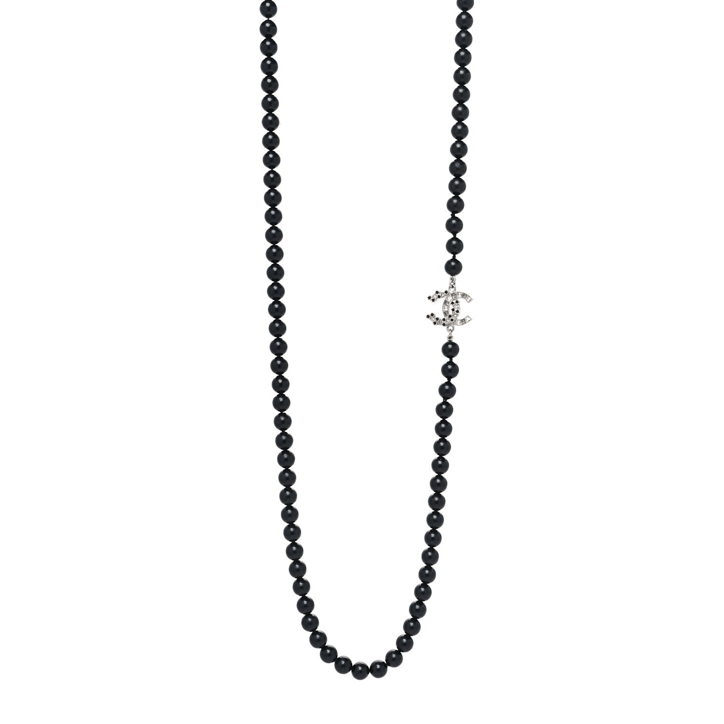 Baguette Crystal Beaded CC Long Necklace Black Silver