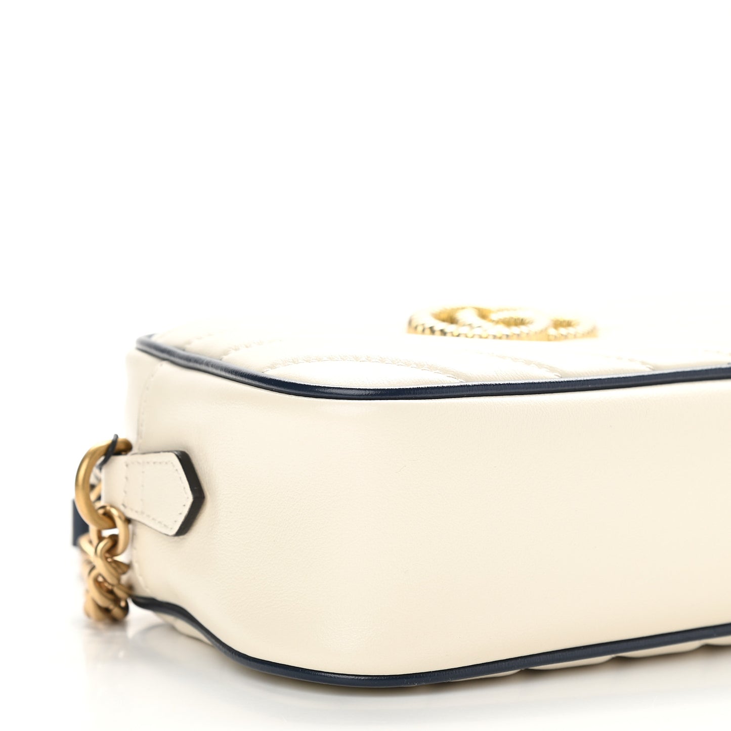 Vintage Effect Calfskin Matelasse Diagonal Small Torchon GG Marmont Chain Shoulder Bag Mystic White Blue Agata