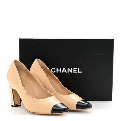 Chanel Lambskin Cap Toe Metal Heel Pumps 37.5 Beige Black 12 of 12