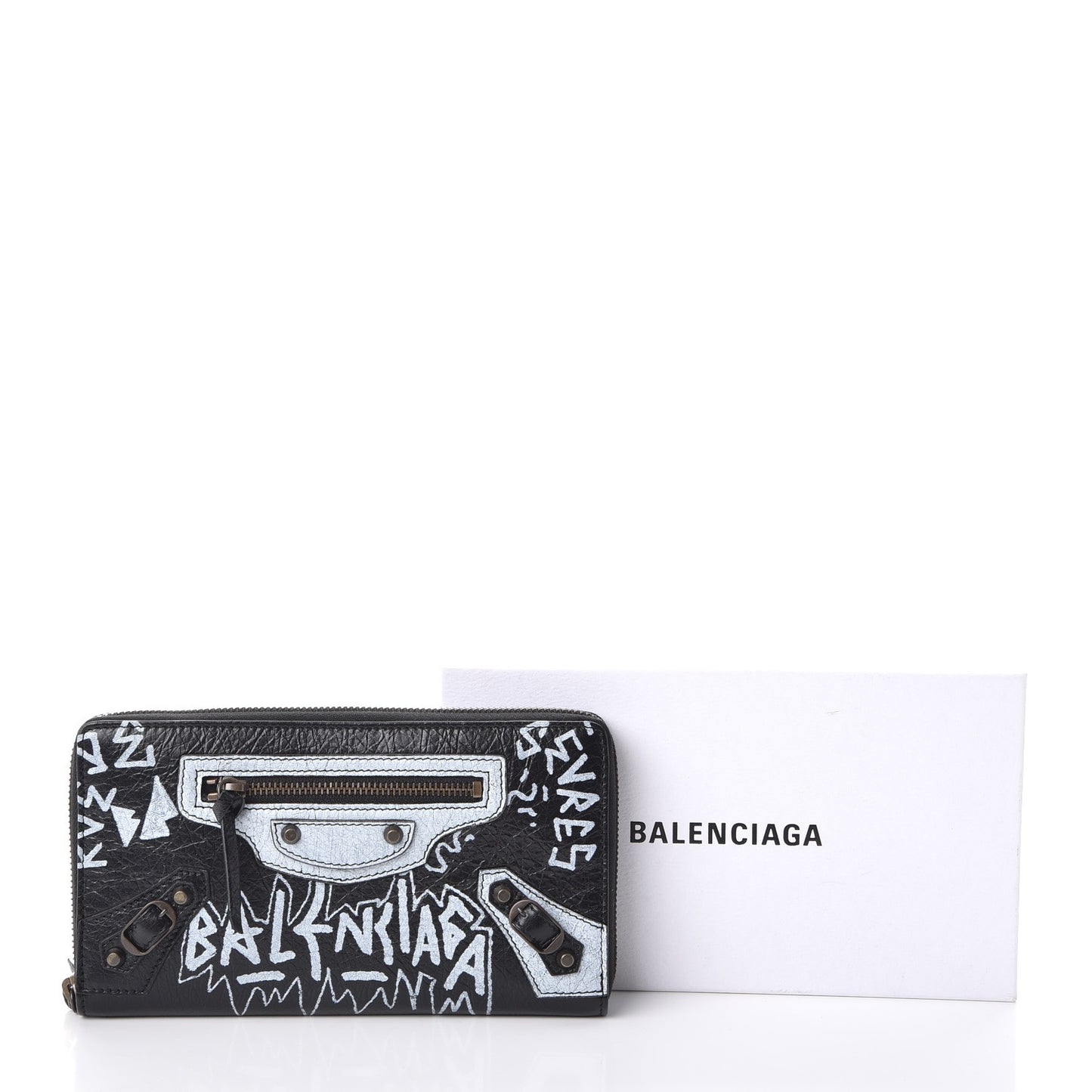 Agneau Arena Graffiti All Over Classic Hardware Continental Zip Around Wallet Black White