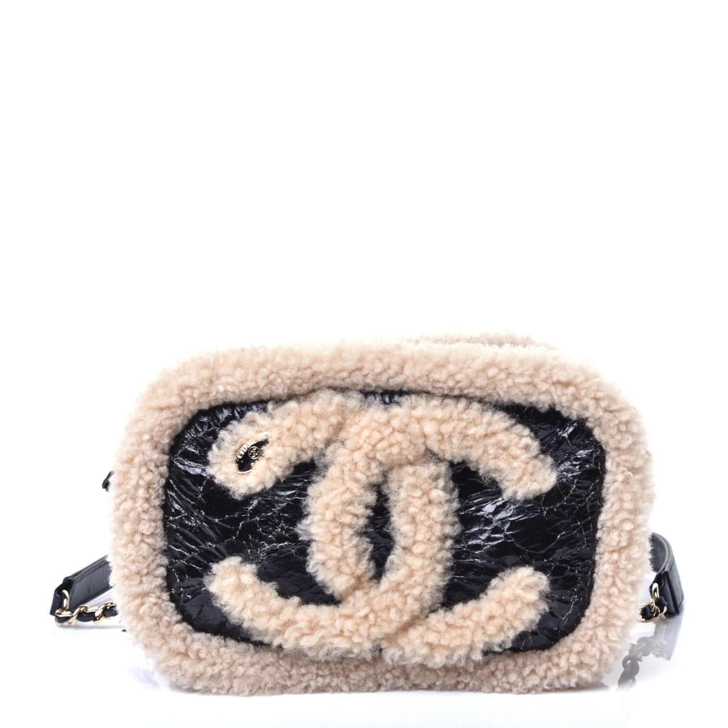 Chanel Shiny Crumpled Sheepskin Shearling Waist Bag Black Beige 1 of 9