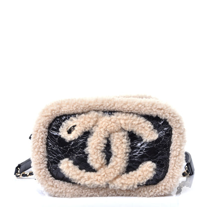 Chanel Shiny Crumpled Sheepskin Shearling Waist Bag Black Beige 1 of 9