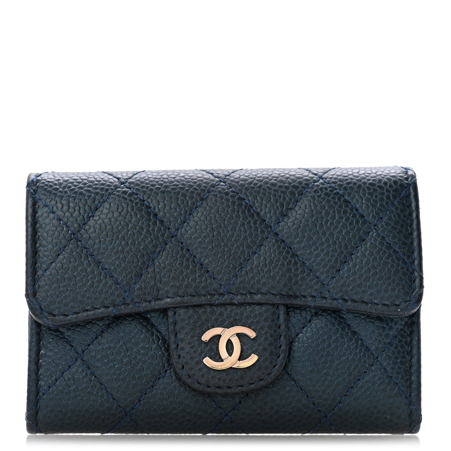 Metallic Caviar Quilted Flap Card Holder Dark Blue