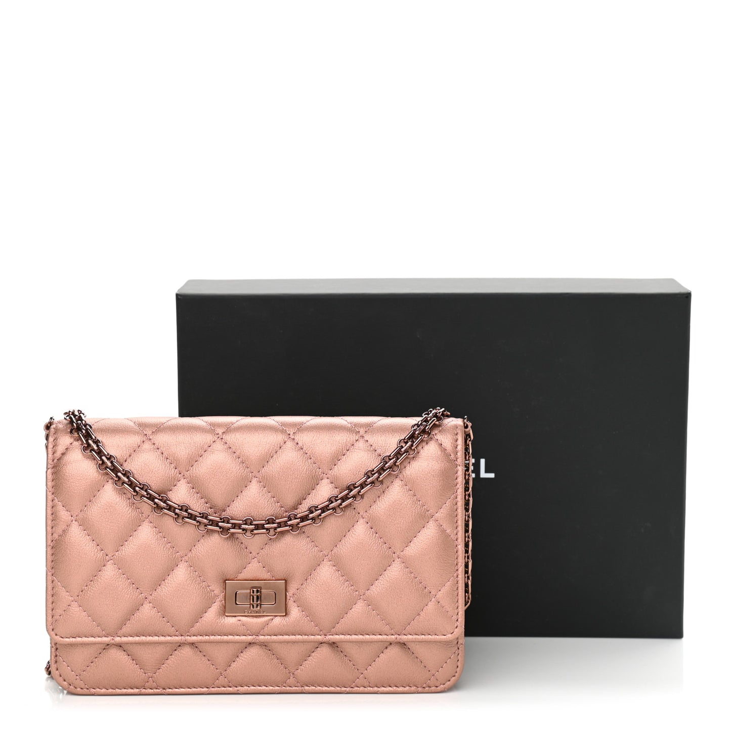 Metallic Grained Calfskin Quilted 2.55 Reissue Wallet on Chain WOC Copper Pink
