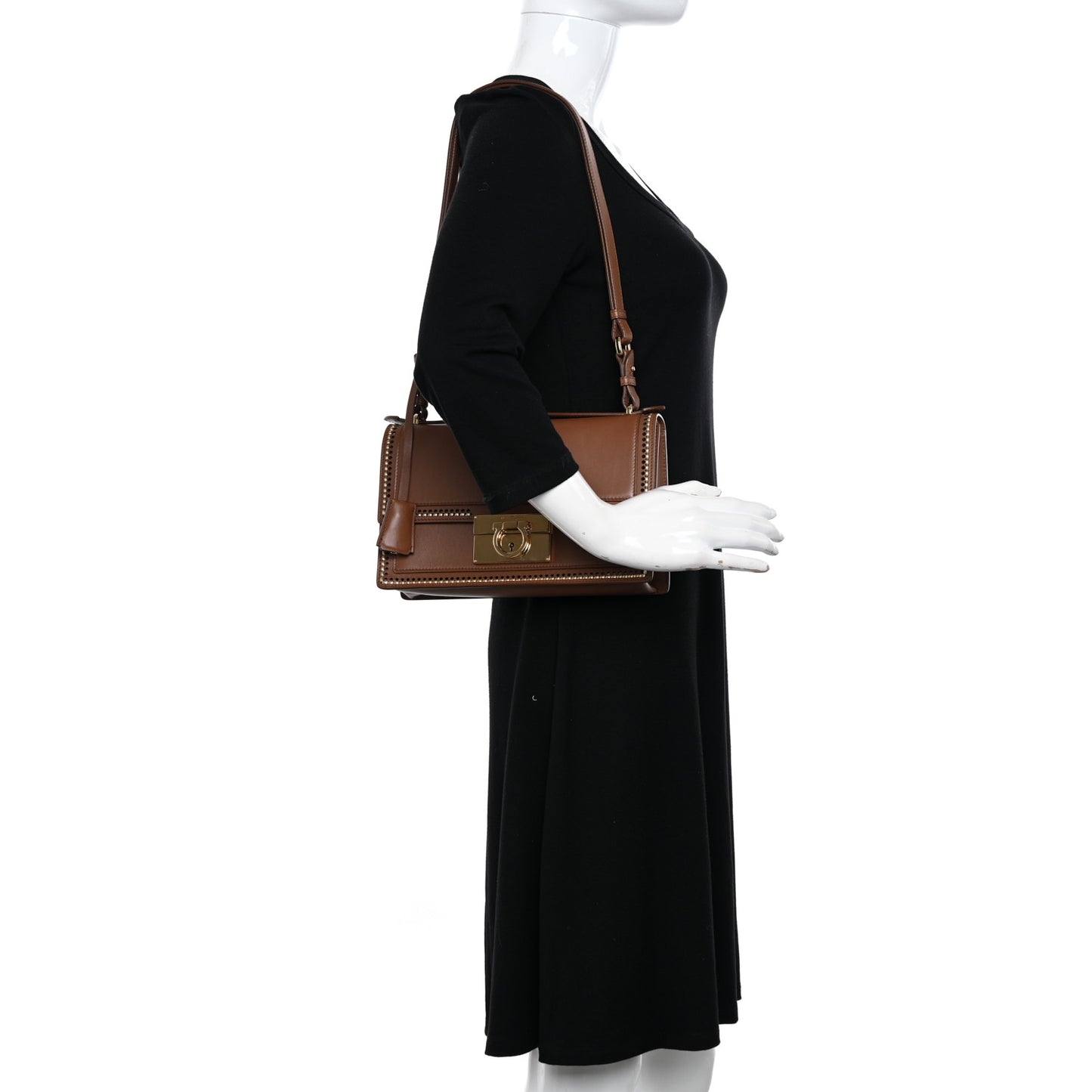 Smooth Calfskin Stitched Aileen Gancio Lock Shoulder Bag Brown