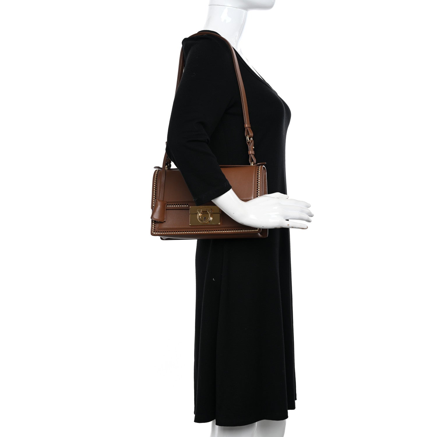 Salvatore Ferragamo Smooth Calfskin Stitched Aileen Gancio Lock Shoulder Bag Brown 2 of 11