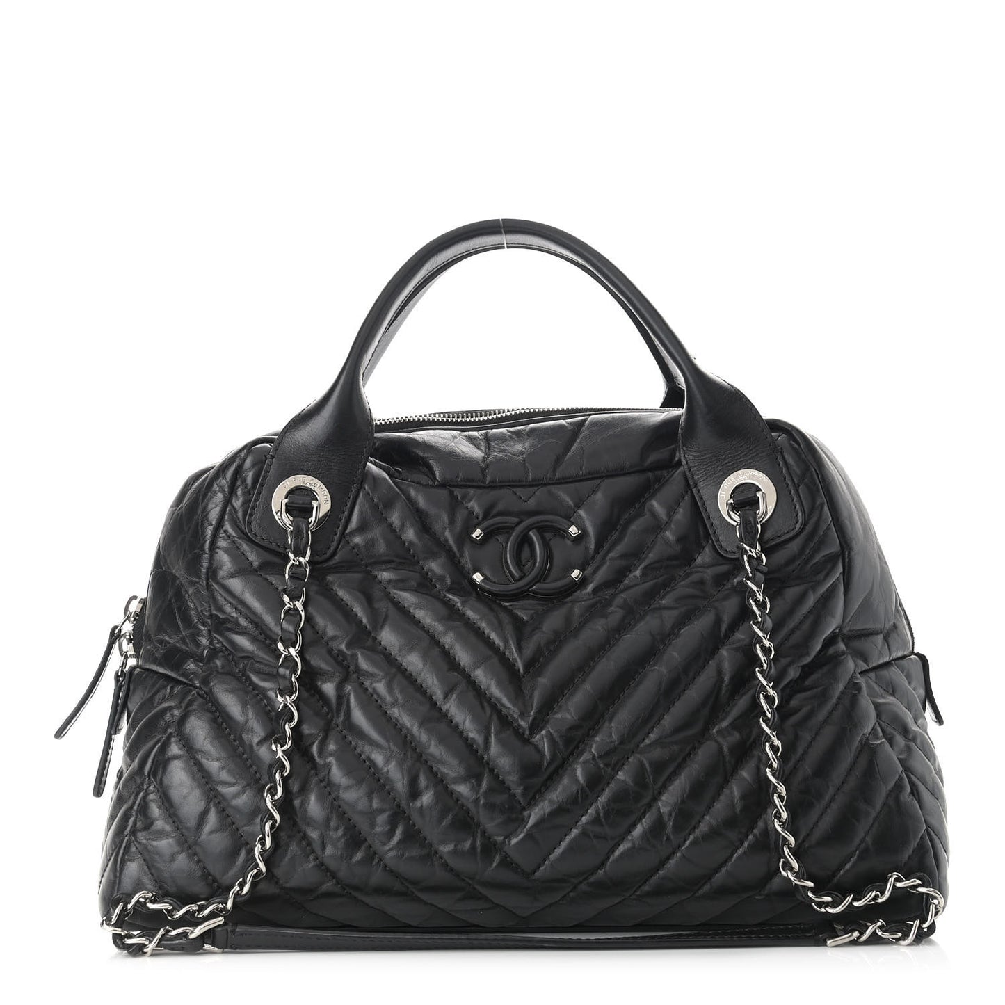 Aged Calfskin Chevron Medium Soft Bowling Bag Black