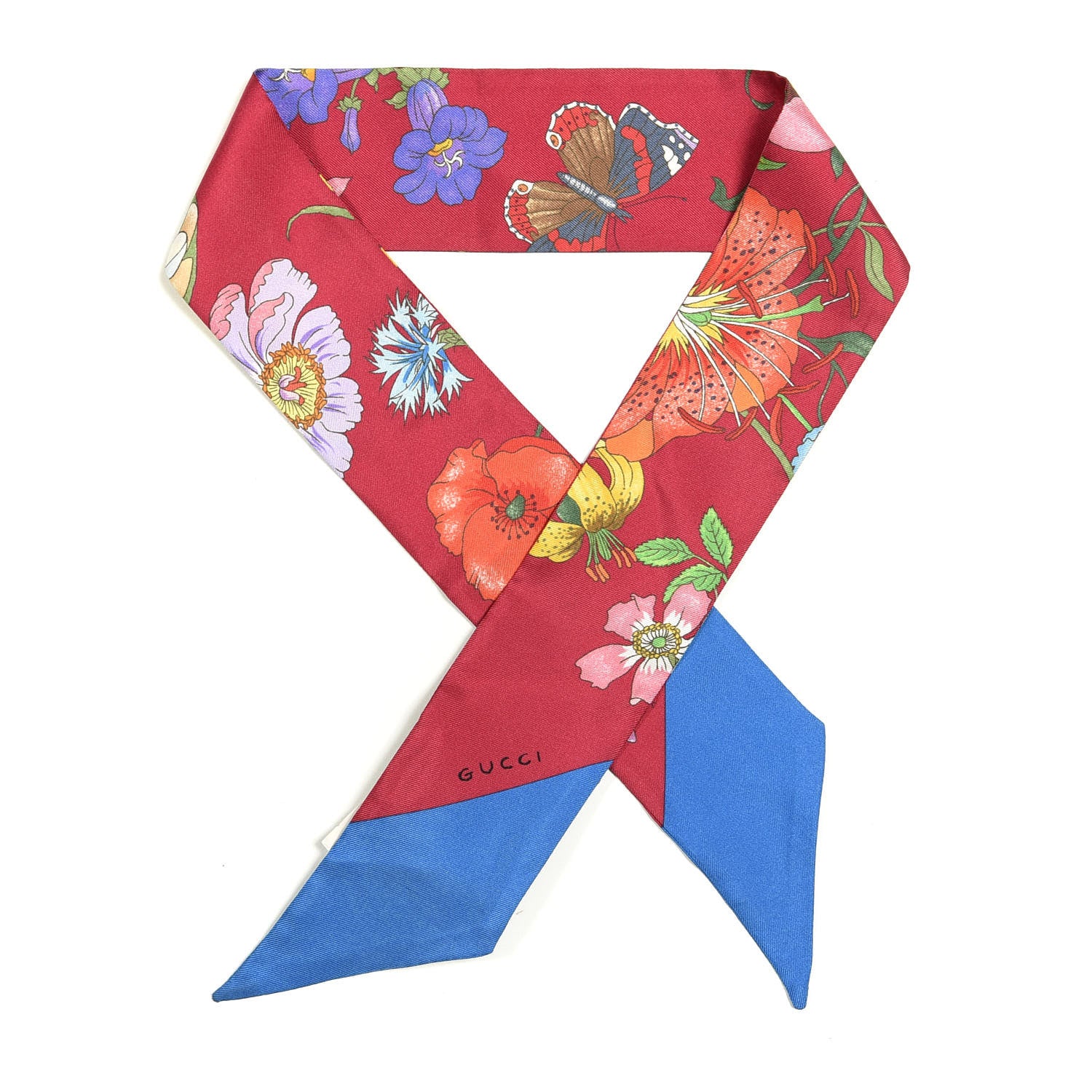 Gucci Silk Twill Floriso Neck Bow Scarf Fuxia Blue 1 of 4