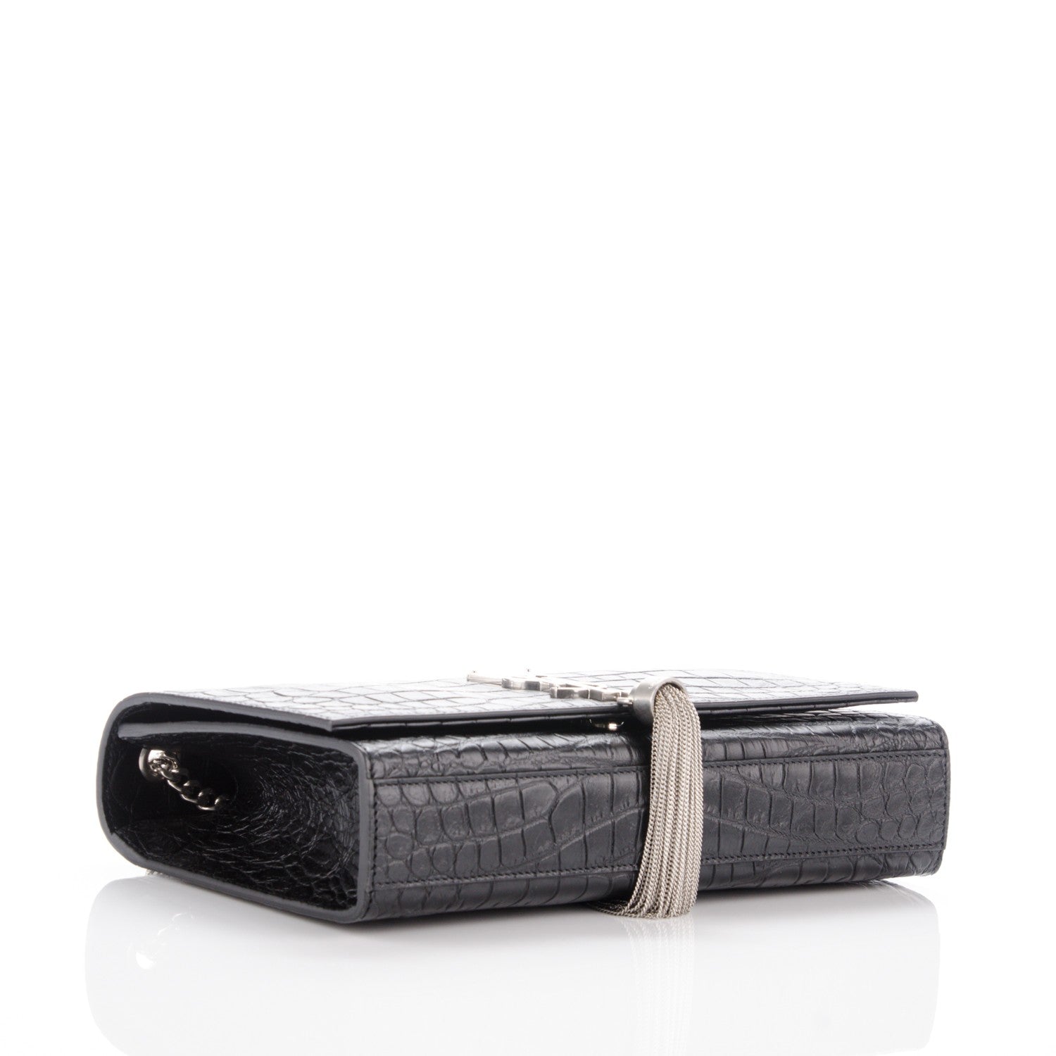 Saint Laurent Calfskin Crocodile Embossed Medium Classic Monogram Kate Tassel Satchel Black 4 of 7