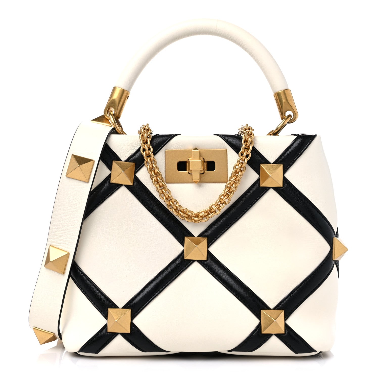 Valentino Garavani Nappa Small Roman Stud The Handle Bag Ivory Black 1 of 8