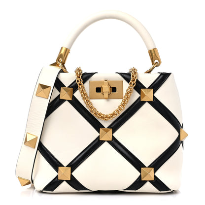 Valentino Garavani Nappa Small Roman Stud The Handle Bag Ivory Black 1 of 8
