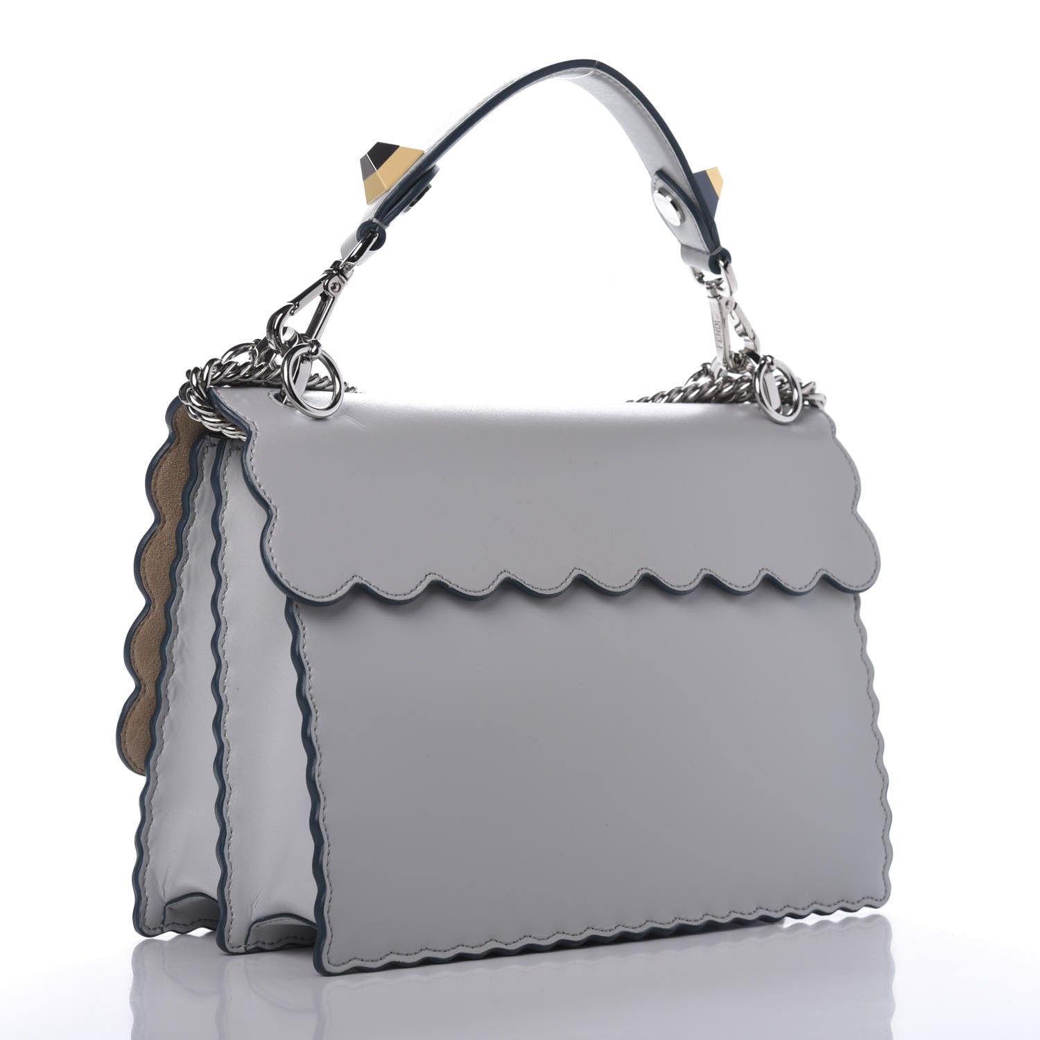 Fendi Vitello Liberty Scalloped Studded Kan I Shoulder Bag Grigio Perla 4 of 11
