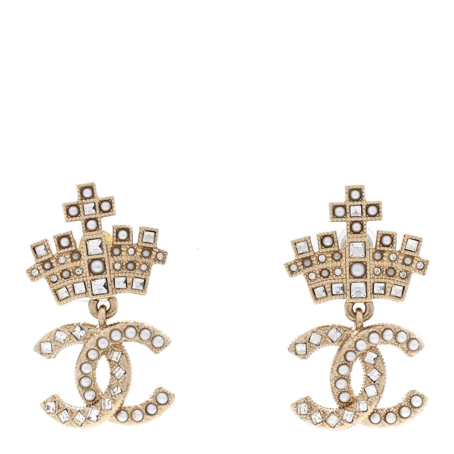 Chanel Crystal CC Crown Drop Earrings Gold 1 of 5