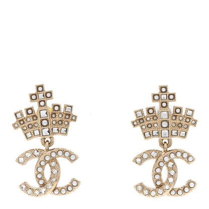 Chanel Crystal CC Crown Drop Earrings Gold 1 of 5