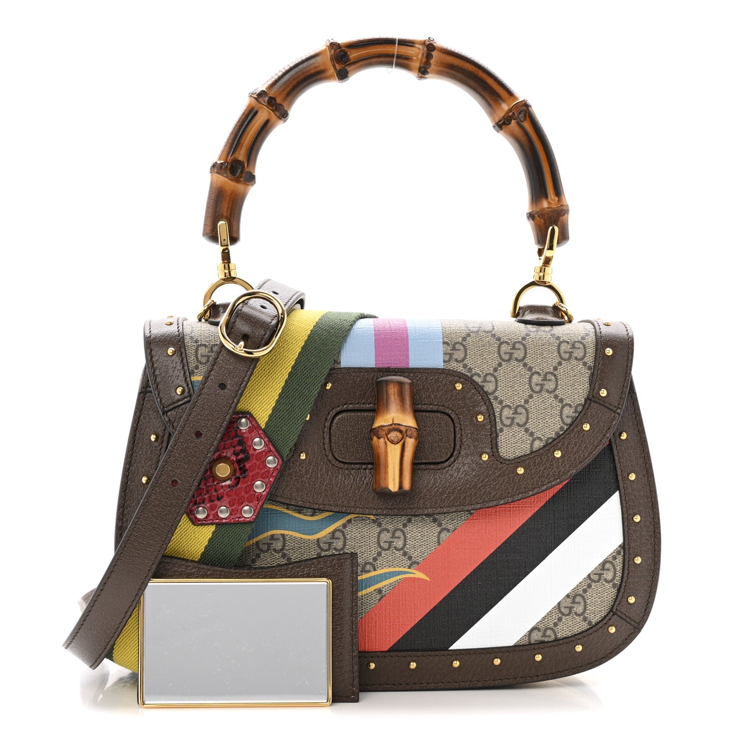 Gucci GG Supreme Monogram Studded Calfskin 100 Centennial Geometric Medium Bamboo 1947 Top Handle Bag Beige Ebony Multicolor 3 of 12