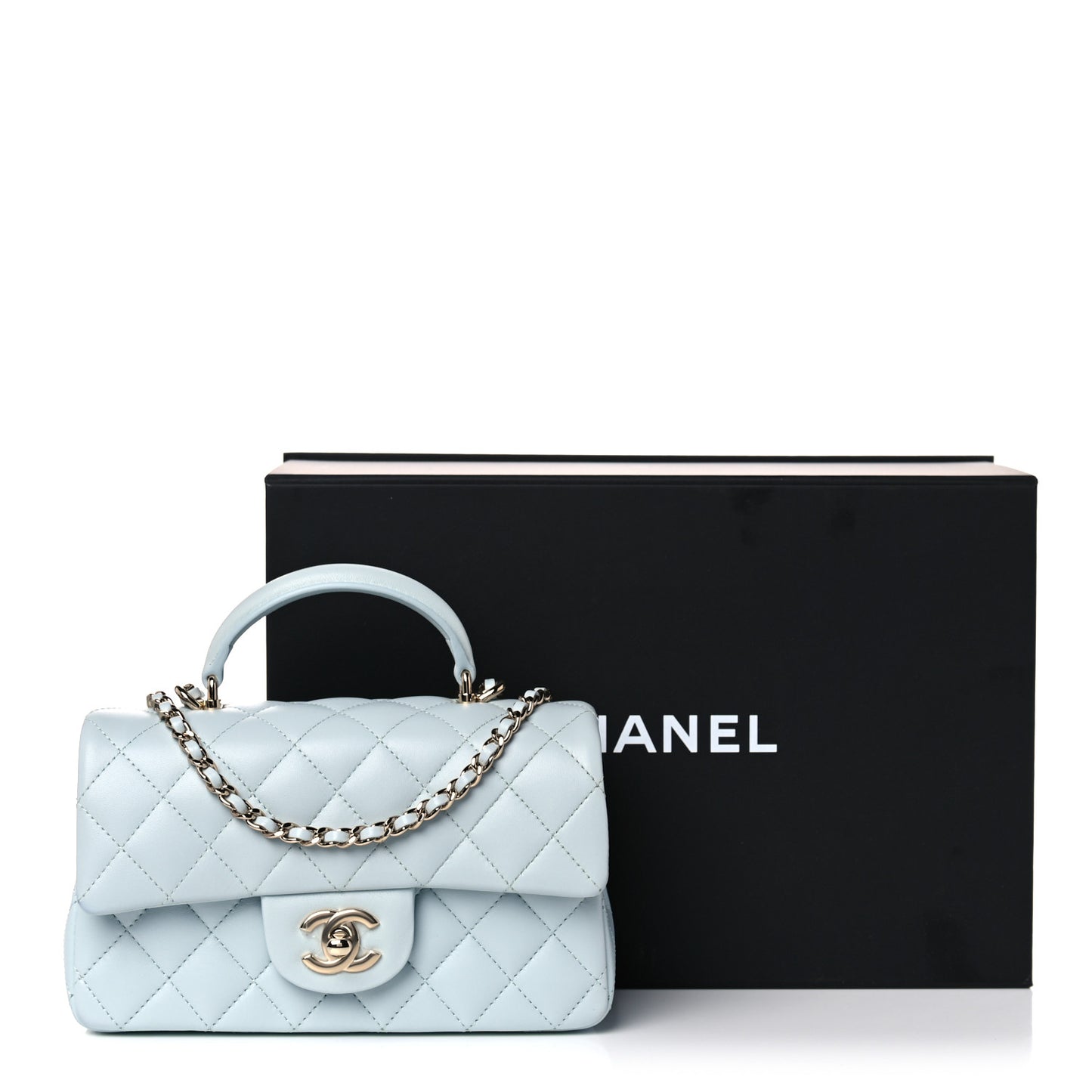 Lambskin Quilted Mini Top Handle Rectangular Flap Light Blue