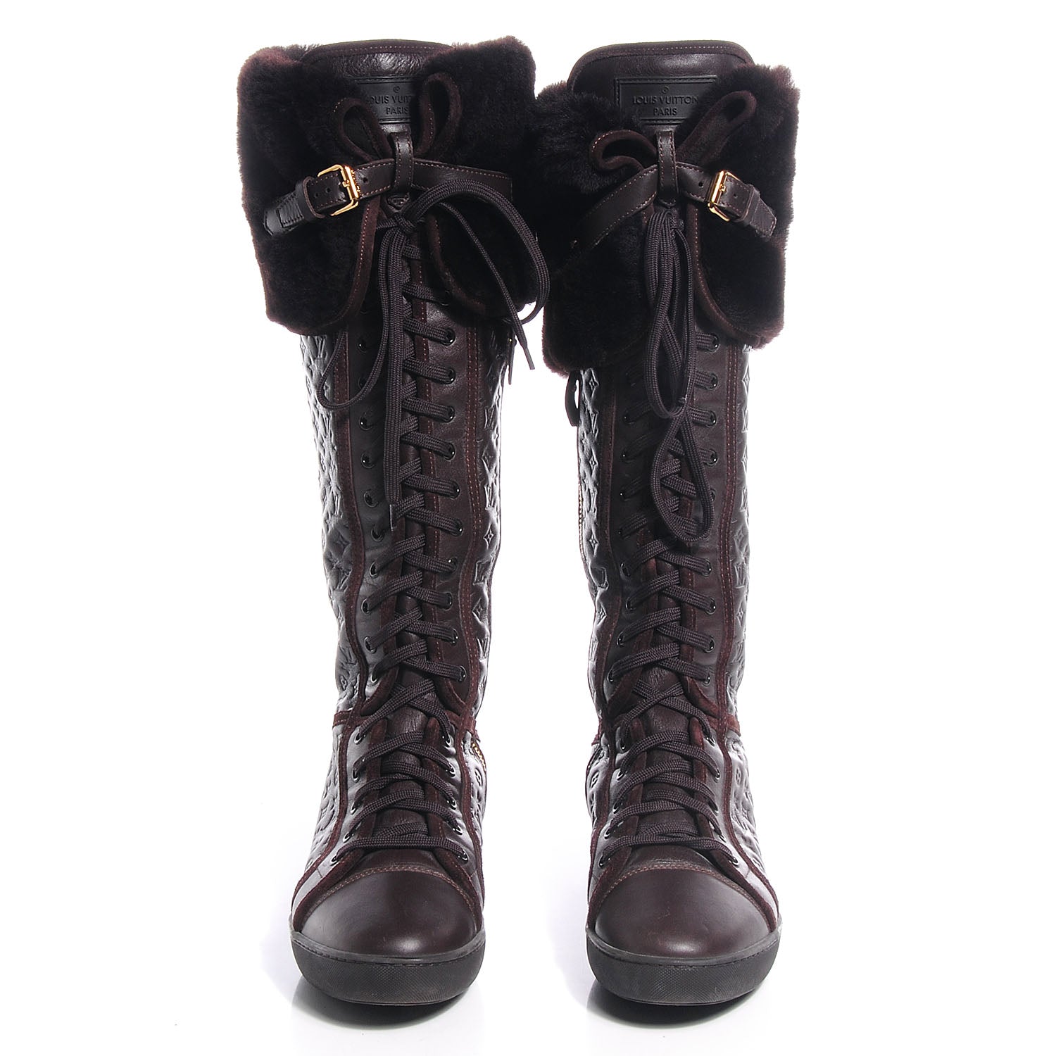 Louis Vuitton Calfskin Embossed Lamb Fur Polka Tall Boots 37 Brown 2 of 6