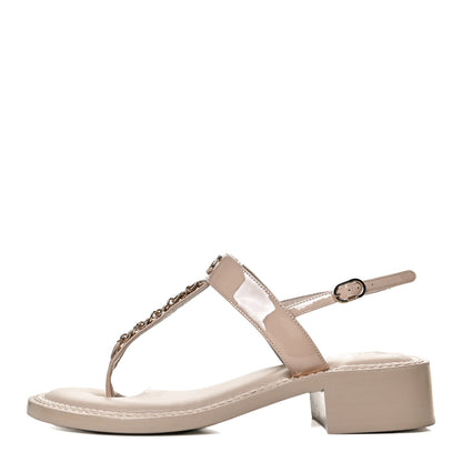 Chanel Lambskin Patent Chain CC Logo Thong Sandals 38 Beige 1 of 10
