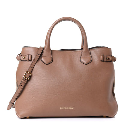 Burberry Grainy Calfskin House Check Medium Banner Tote Dark Sand 1 of 4