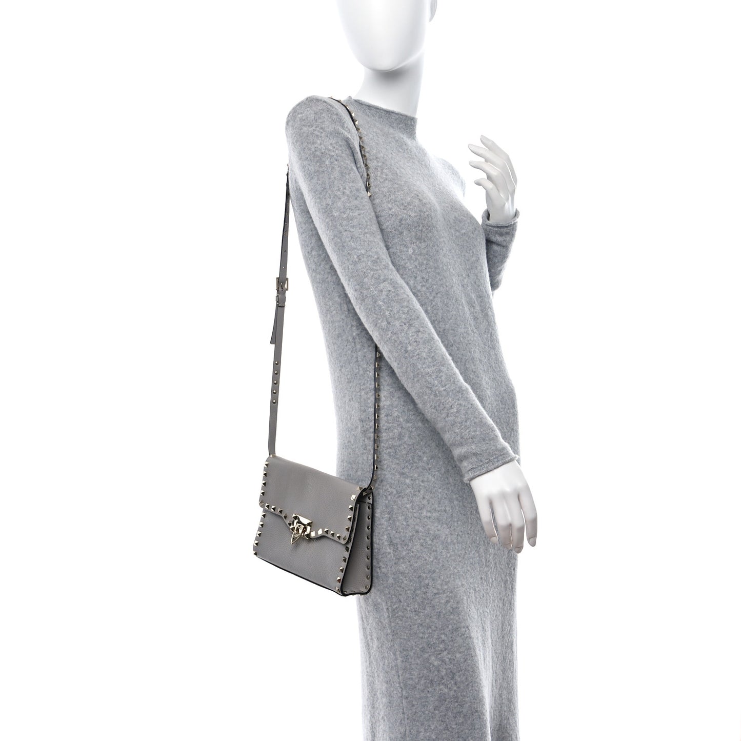 Pebbled Calfskin Medium Rockstud Flip Lock Crossbody Bag Pastel Grey
