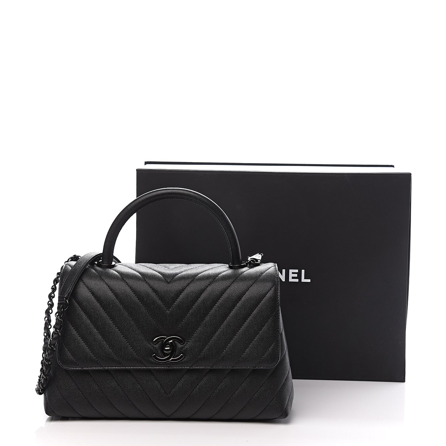 Caviar Chevron Quilted Small Coco Handle Flap So Black