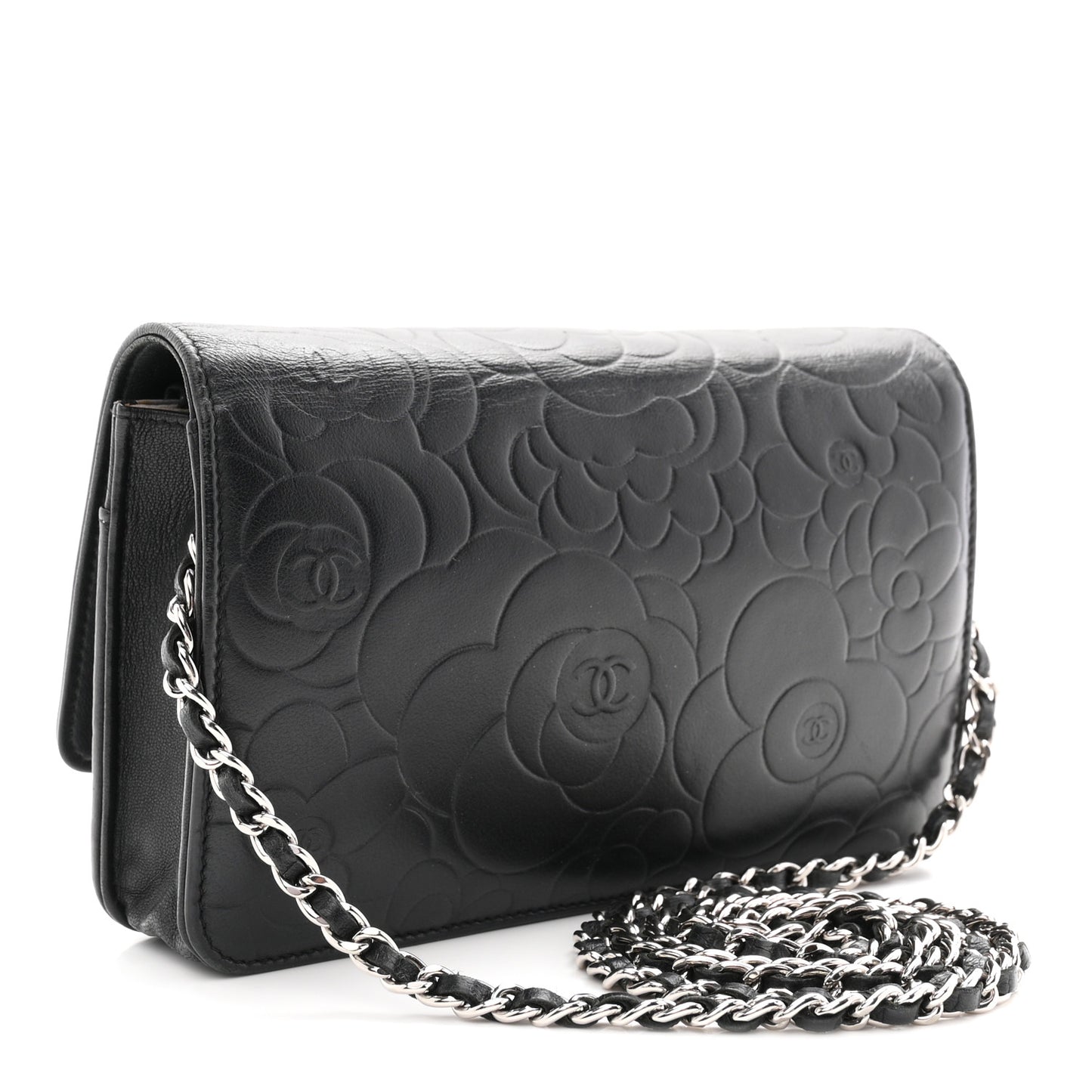 Lambskin Camellia Embossed Wallet On Chain WOC Black