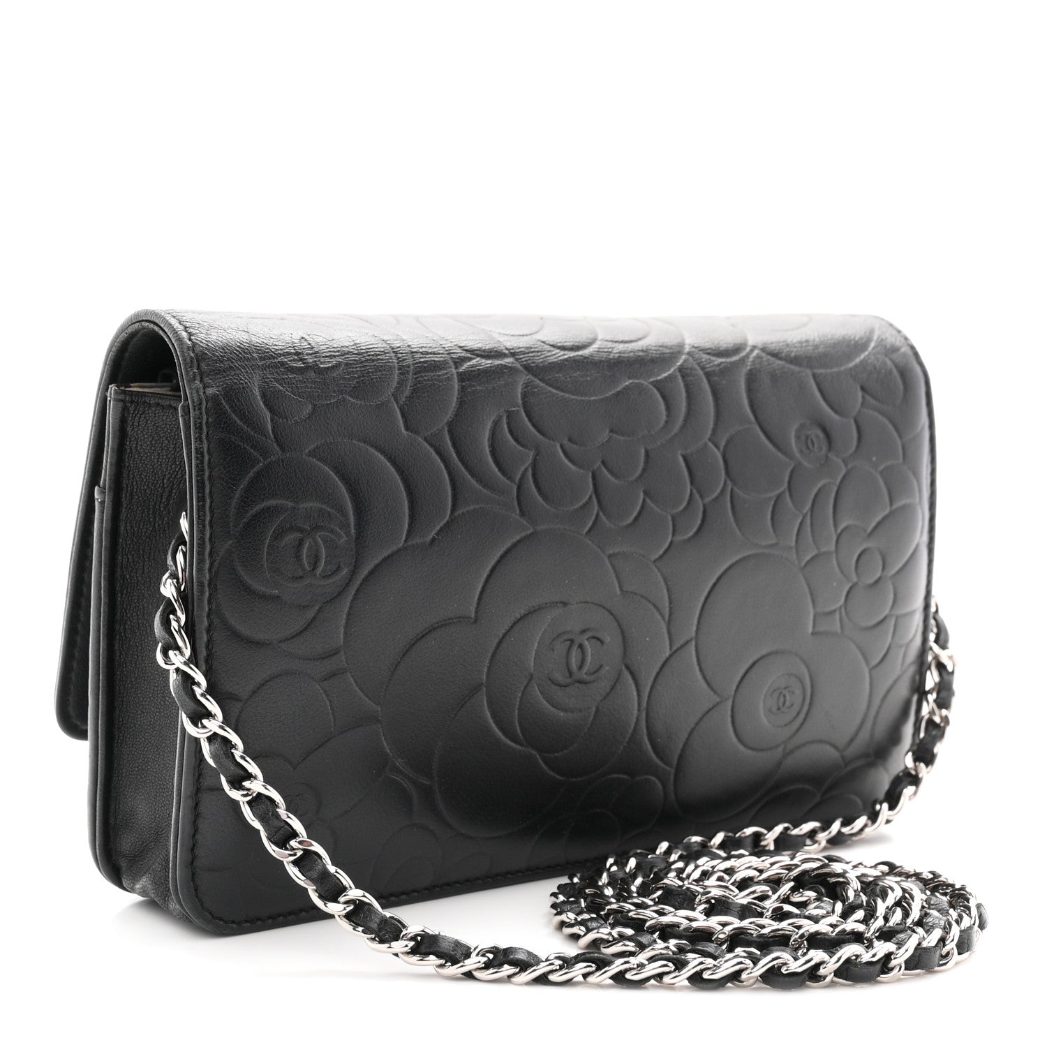 Chanel Lambskin Camellia Embossed Wallet On Chain WOC Black 3 of 11
