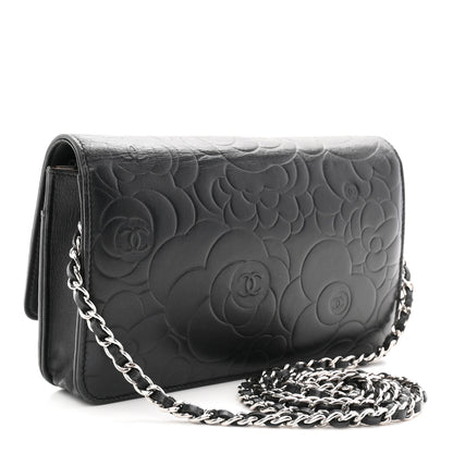 Chanel Lambskin Camellia Embossed Wallet On Chain WOC Black 3 of 11
