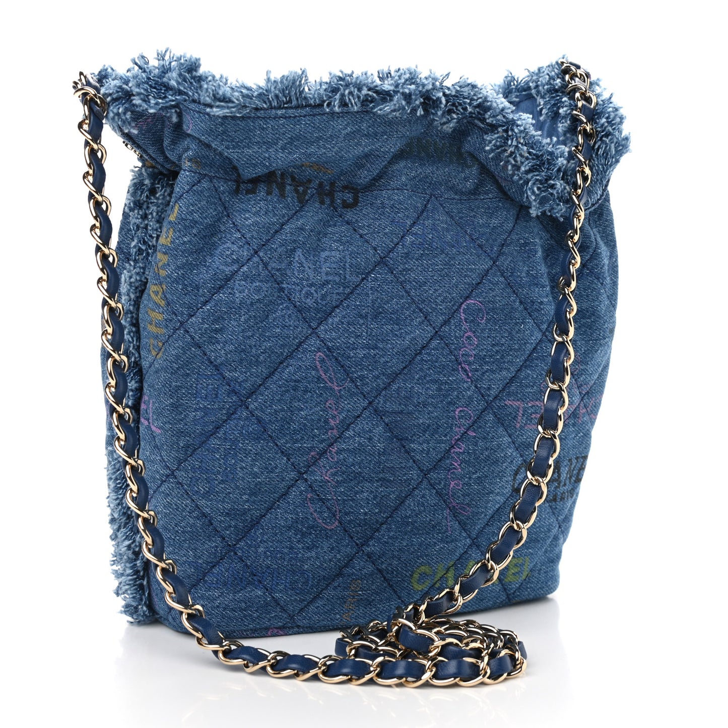 Denim Quilted Mood Bucket With Chain Blue Multicolor