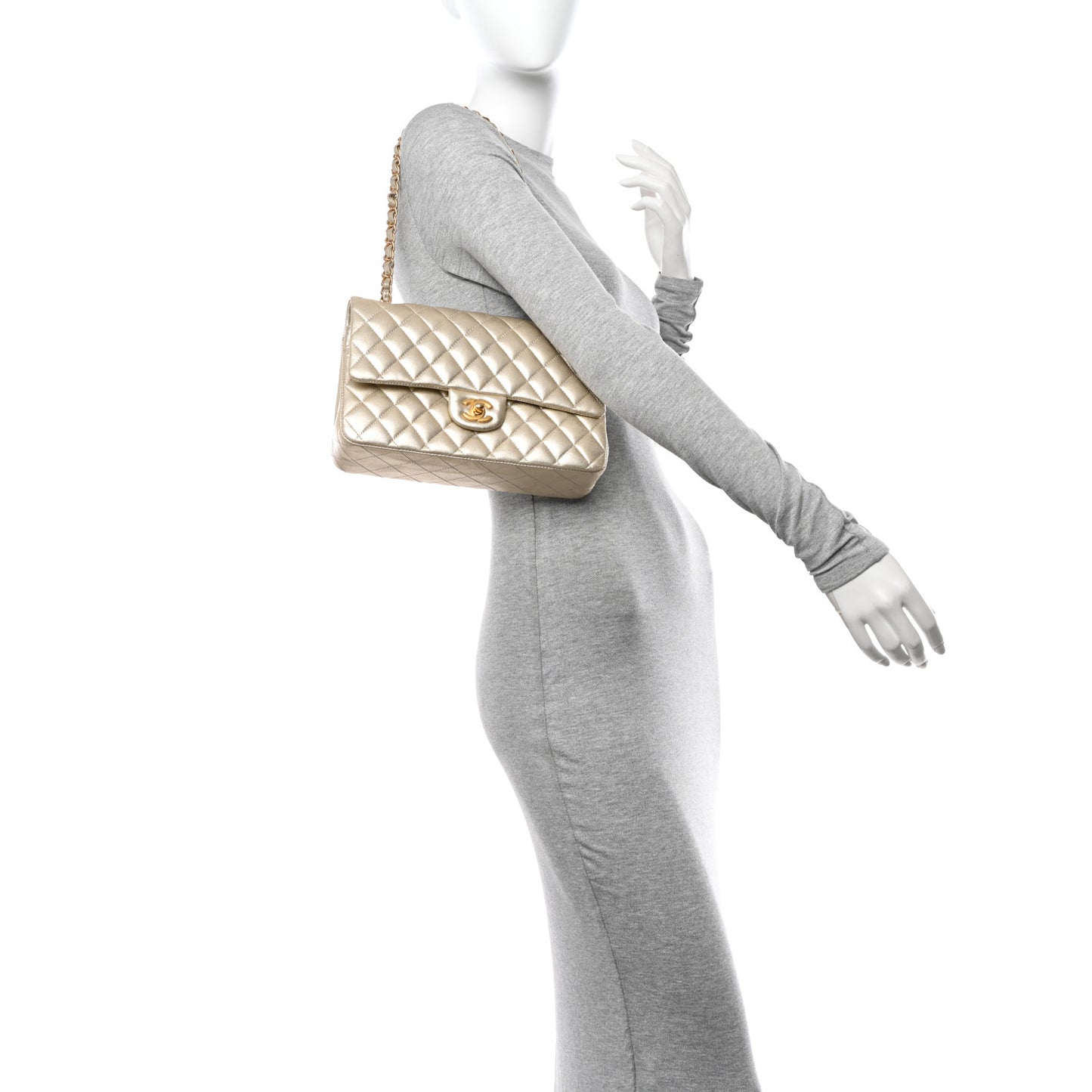 Metallic Lambskin Quilted Medium Double Flap Gold