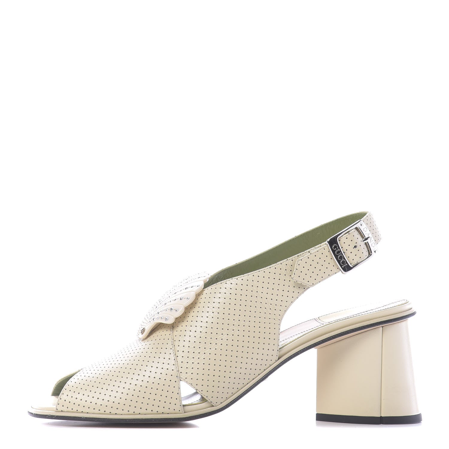 Gucci Calfskin Perforated Shell Embellished Slingback Sandals 41 Vintage White 1 of 10