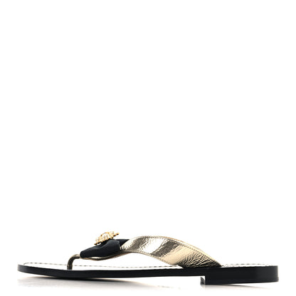 Chanel Metallic Laminated Goatskin Grosgrain Bow Pearl Thong Sandals 37 Gold 1 of 8