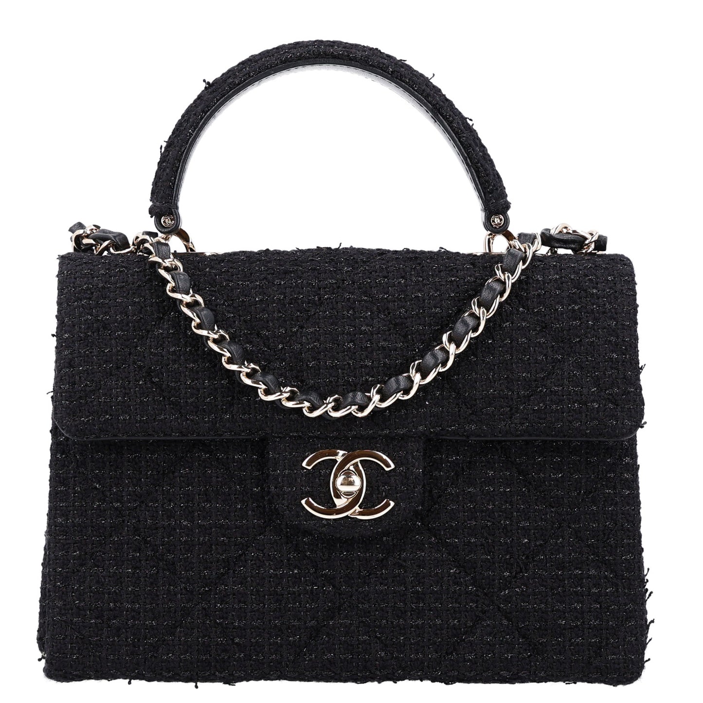 Tweed Quilted Medium Retro Twist Top Handle Flap  Black