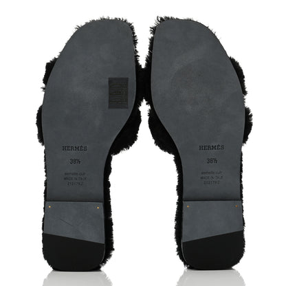 Hermes Woolskin Oran Sandals 38.5 Black 5 of 7