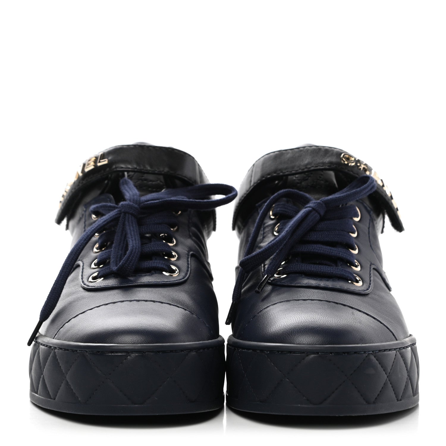Chanel Lambskin Logo Strap Sneakers 38.5 Blue Black 2 of 9
