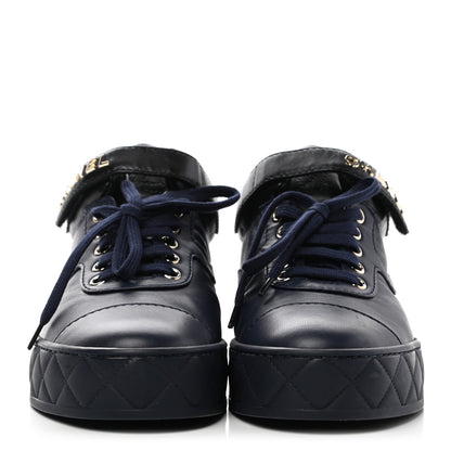 Chanel Lambskin Logo Strap Sneakers 38.5 Blue Black 2 of 9